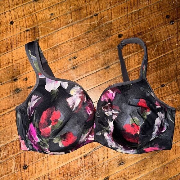 Cacique satiny black red roses smooth Balconette 40F bra - Picture 1 of 3